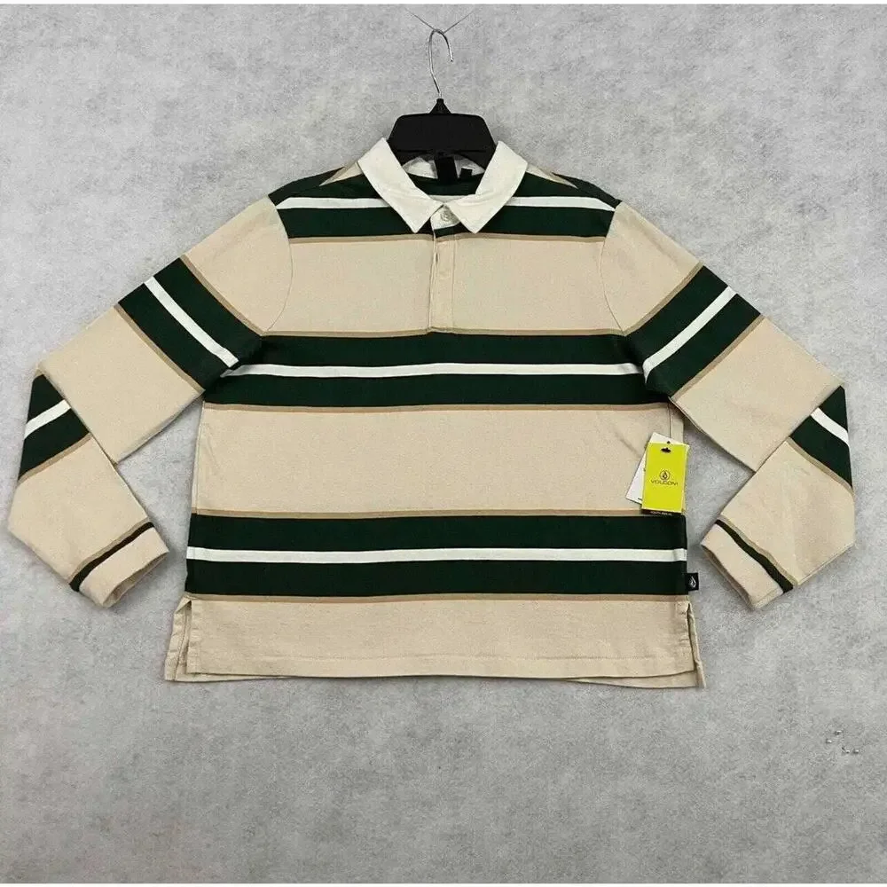 Volcom Girls Small Rugby Polo Shirt 7/8 Striped Long Sleeve NWT Beige - Picture 3 of 15